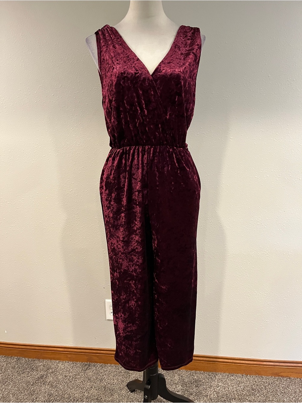 NWT Daytrip Velvet V-Neck Sleeveless Jumpsuit in Deep Burgundy size small